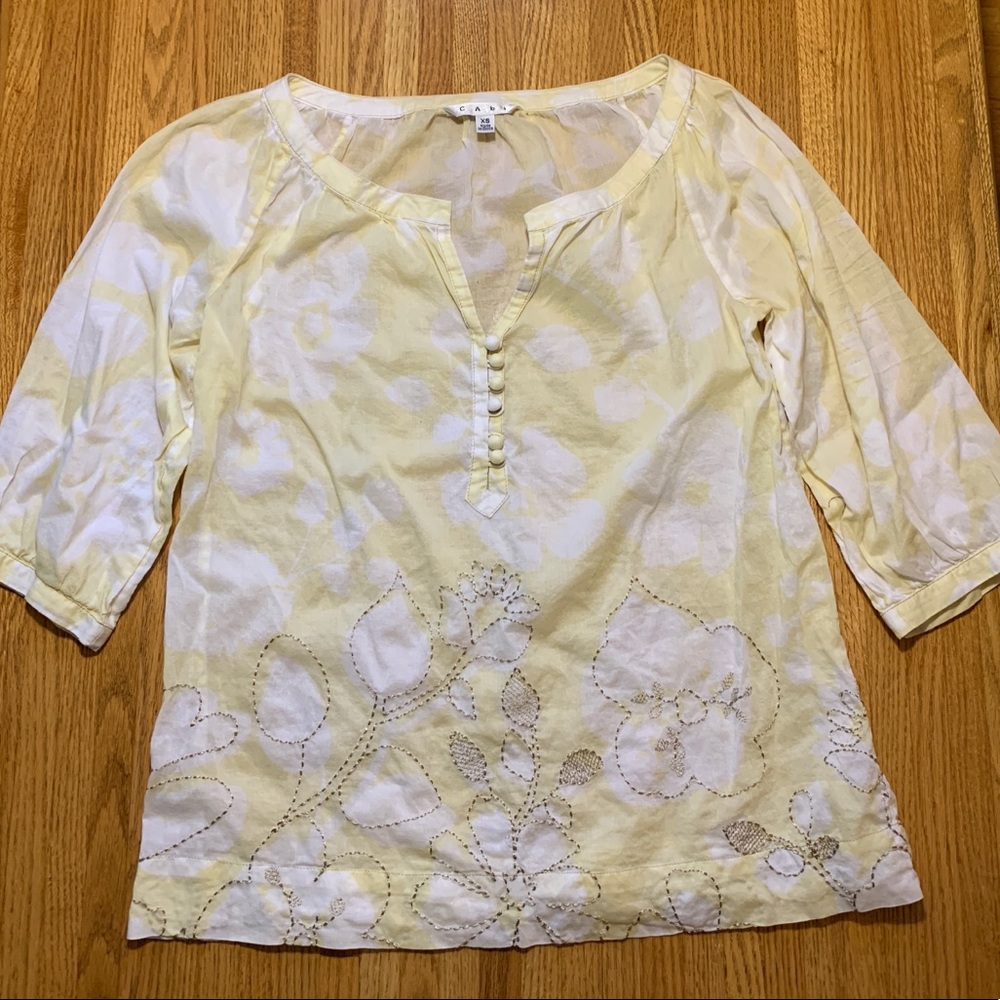 CAbi semi sheer embroidered yellow and white top